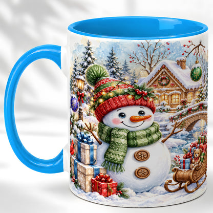 #pl[11oz|Blue] Watercolor Snowman Coffee Mug, Christmas Village Mug, Ceramic Cup