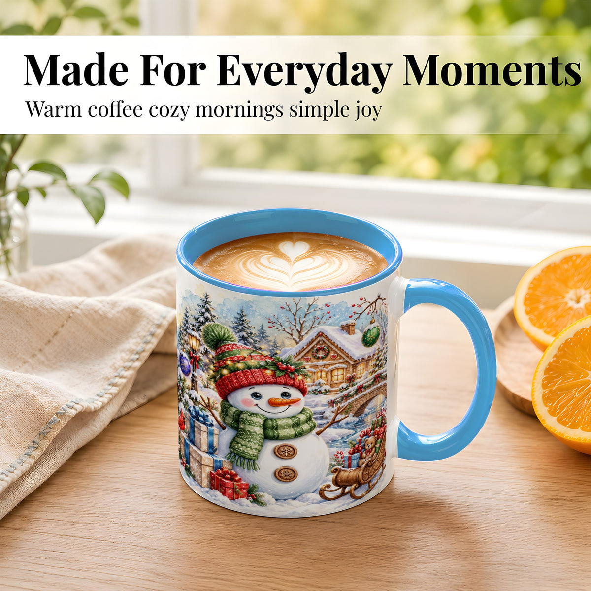 #pl[11oz|Blue] Watercolor Snowman Coffee Mug, Christmas Village Mug, Ceramic Cup