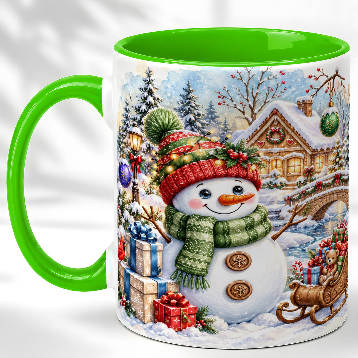#pl[11oz|Green] Watercolor Snowman Coffee Mug, Christmas Village Mug, Ceramic Cup