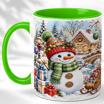 #pl[11oz|Green] Watercolor Snowman Coffee Mug, Christmas Village Mug, Ceramic Cup