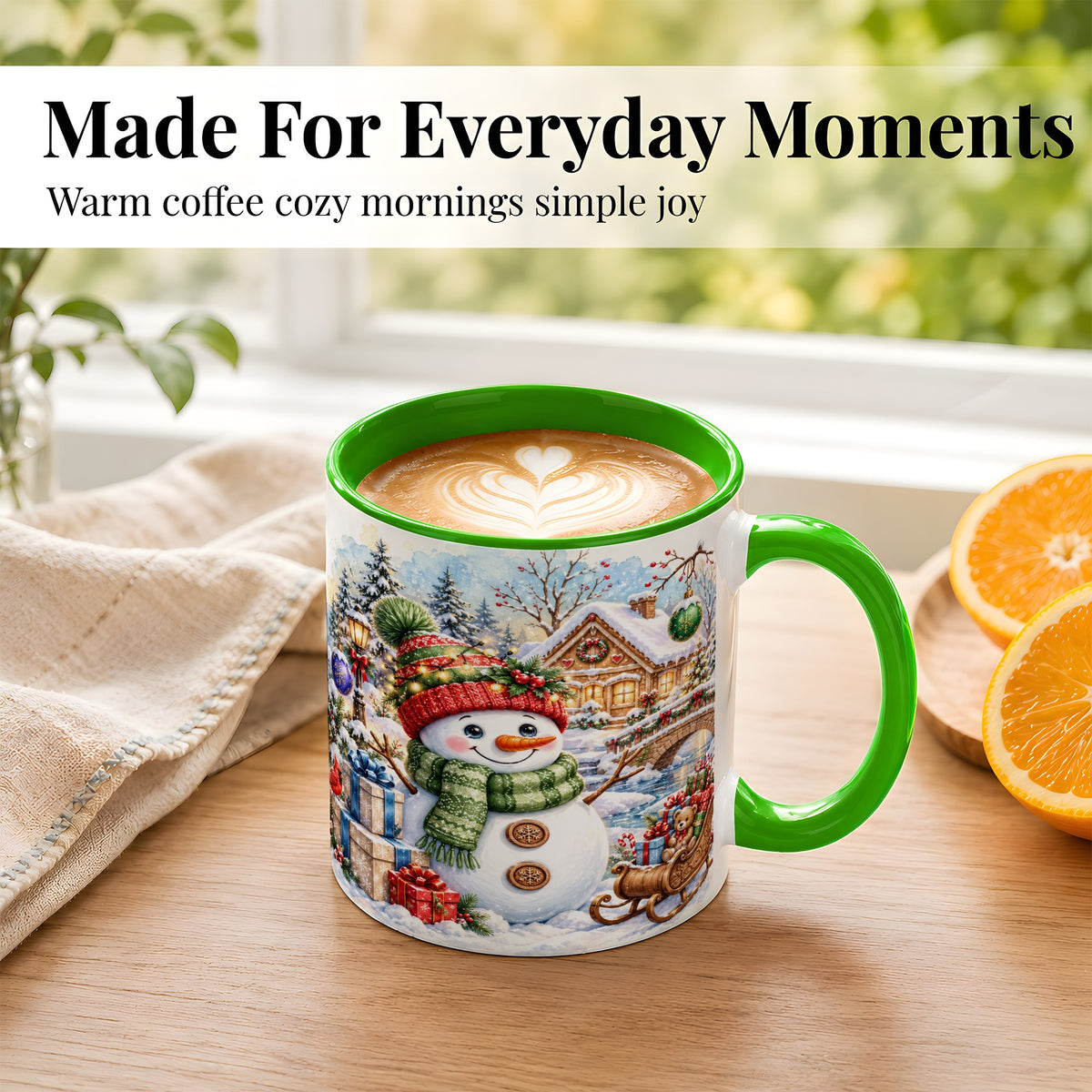 #pl[11oz|Green] Watercolor Snowman Coffee Mug, Christmas Village Mug, Ceramic Cup