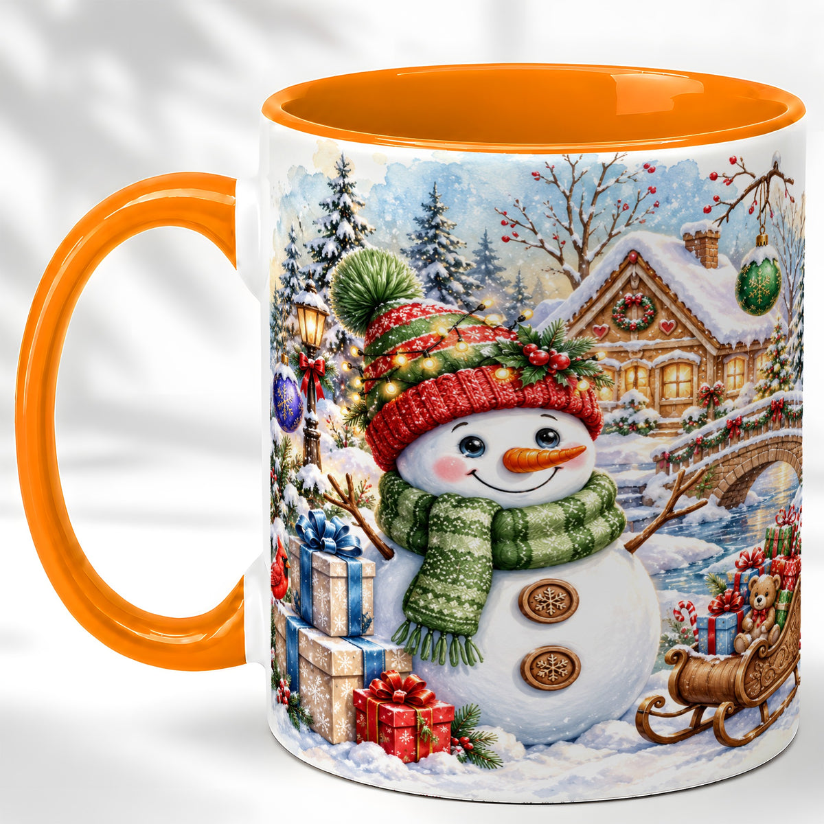 #pl[11oz|Orange] Watercolor Snowman Coffee Mug, Christmas Village Mug, Ceramic Cup