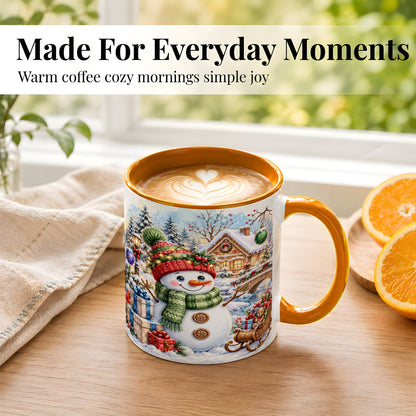 #pl[11oz|Orange] Watercolor Snowman Coffee Mug, Christmas Village Mug, Ceramic Cup