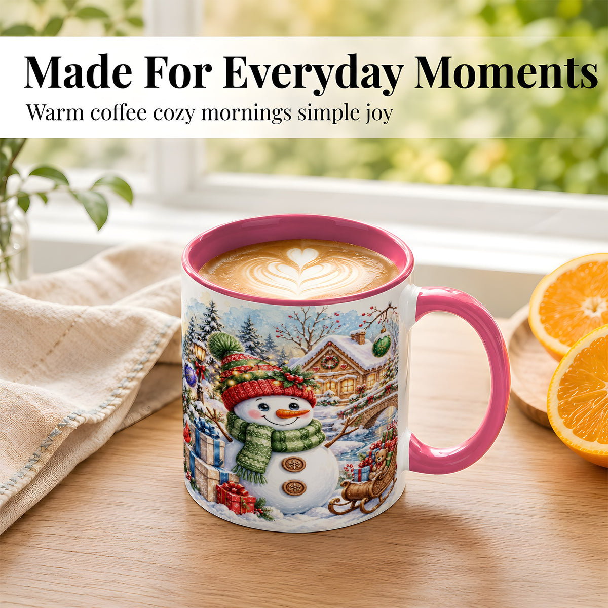 #pl[11oz|Pink] Watercolor Snowman Coffee Mug, Christmas Village Mug, Ceramic Cup