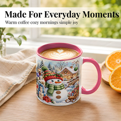 #pl[11oz|Pink] Watercolor Snowman Coffee Mug, Christmas Village Mug, Ceramic Cup