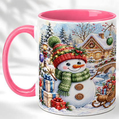 #pl[11oz|Pink] Watercolor Snowman Coffee Mug, Christmas Village Mug, Ceramic Cup