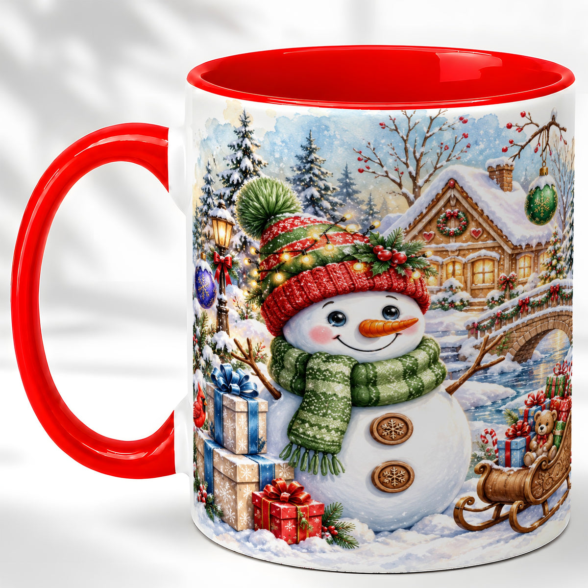 Watercolor Snowman Coffee Mug, Christmas Village Mug, Ceramic Cup