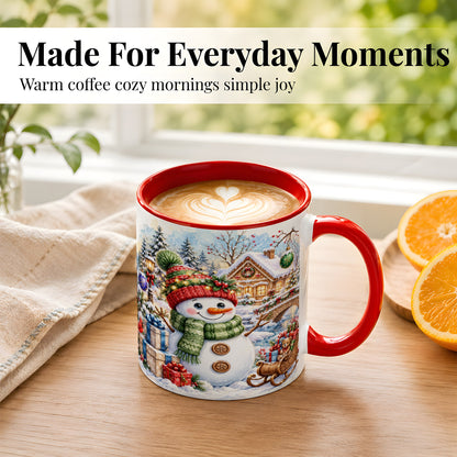 #pl[11oz|Red] Watercolor Snowman Coffee Mug, Christmas Village Mug, Ceramic Cup