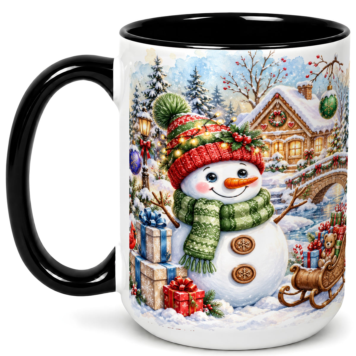 #pl[15oz|Black] Watercolor Snowman Coffee Mug, Christmas Village Mug, Ceramic Cup