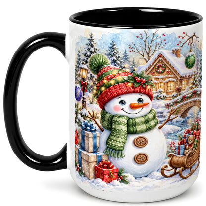 #pl[15oz|Black] Watercolor Snowman Coffee Mug, Christmas Village Mug, Ceramic Cup