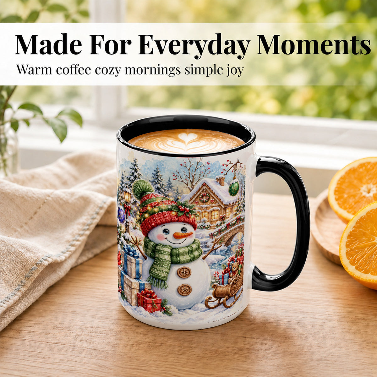 #pl[15oz|Black] Watercolor Snowman Coffee Mug, Christmas Village Mug, Ceramic Cup