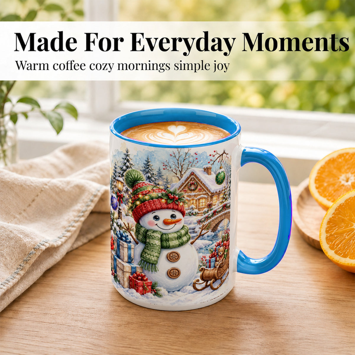 #pl[15oz|Blue] Watercolor Snowman Coffee Mug, Christmas Village Mug, Ceramic Cup