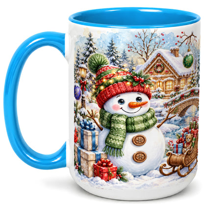 #pl[15oz|Blue] Watercolor Snowman Coffee Mug, Christmas Village Mug, Ceramic Cup