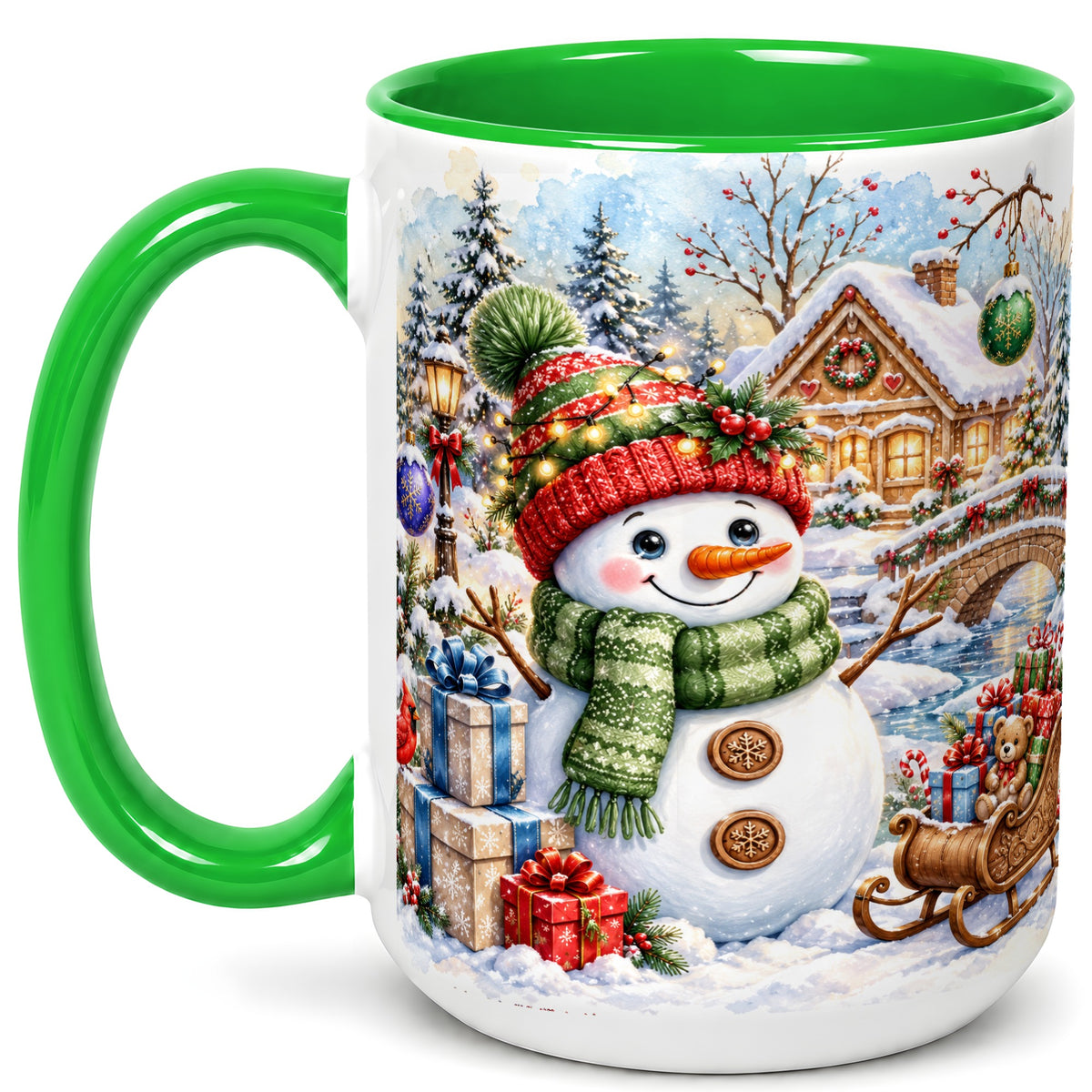 #pl[15oz|Green] Watercolor Snowman Coffee Mug, Christmas Village Mug, Ceramic Cup