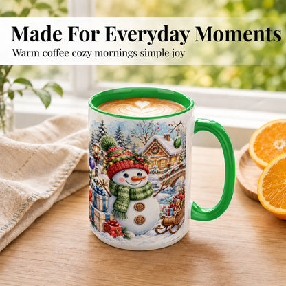 #pl[15oz|Green] Watercolor Snowman Coffee Mug, Christmas Village Mug, Ceramic Cup