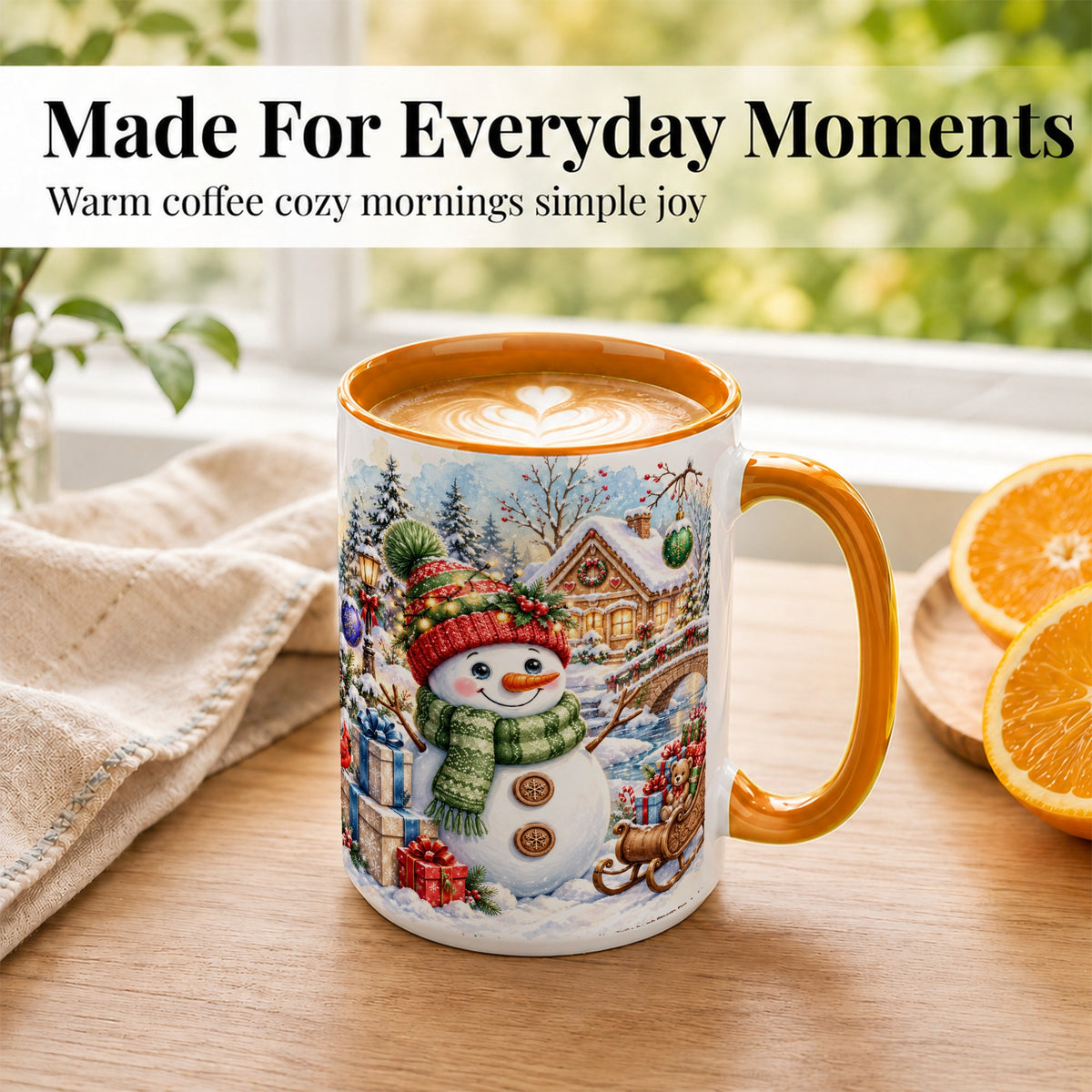 #pl[15oz|Orange] Watercolor Snowman Coffee Mug, Christmas Village Mug, Ceramic Cup