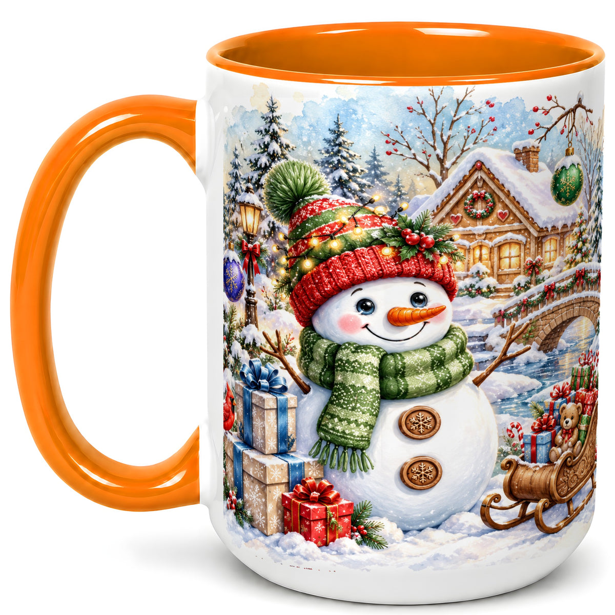 #pl[15oz|Orange] Watercolor Snowman Coffee Mug, Christmas Village Mug, Ceramic Cup