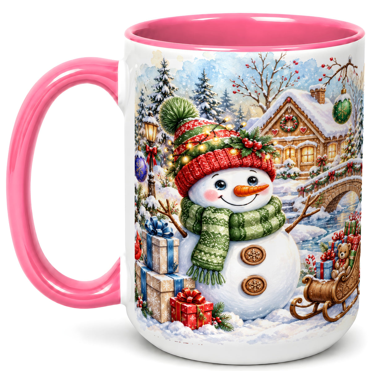 #pl[15oz|Pink] Watercolor Snowman Coffee Mug, Christmas Village Mug, Ceramic Cup