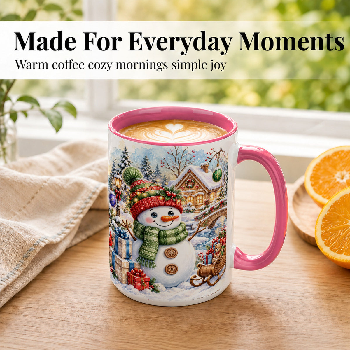 #pl[15oz|Pink] Watercolor Snowman Coffee Mug, Christmas Village Mug, Ceramic Cup