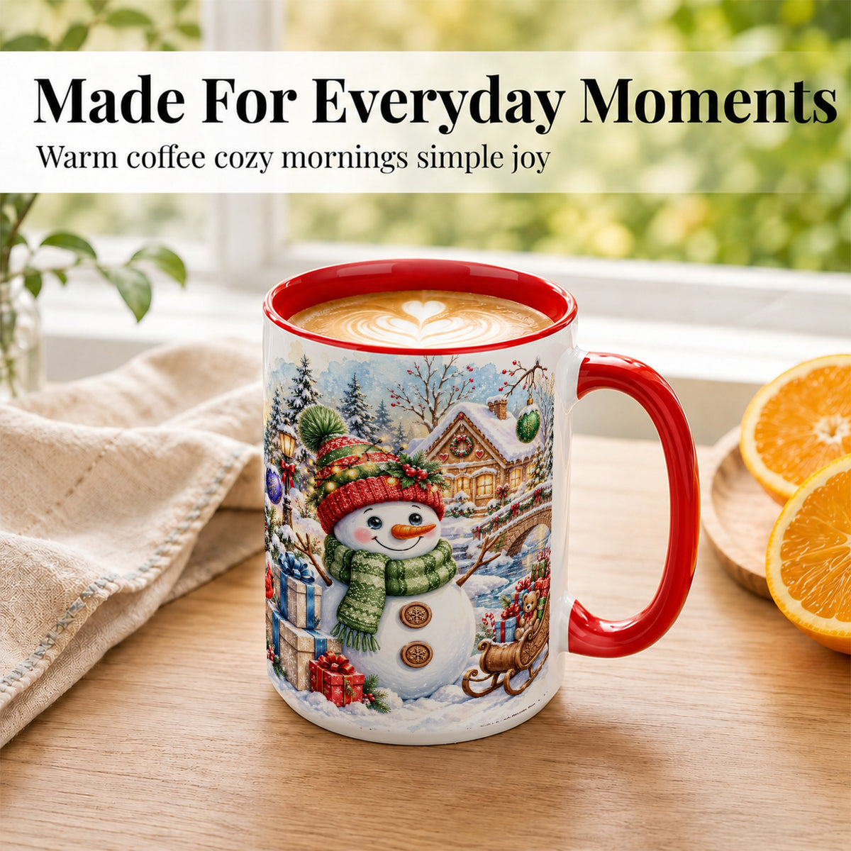 #pl[15oz|Red] Watercolor Snowman Coffee Mug, Christmas Village Mug, Ceramic Cup