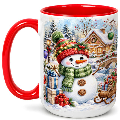 #pl[15oz|Red] Watercolor Snowman Coffee Mug, Christmas Village Mug, Ceramic Cup
