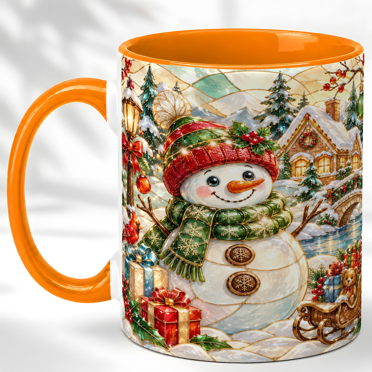 #pl[11oz|Orange] Snowman Village Coffee Mug, Winter Snowman Mug, Ceramic Cup