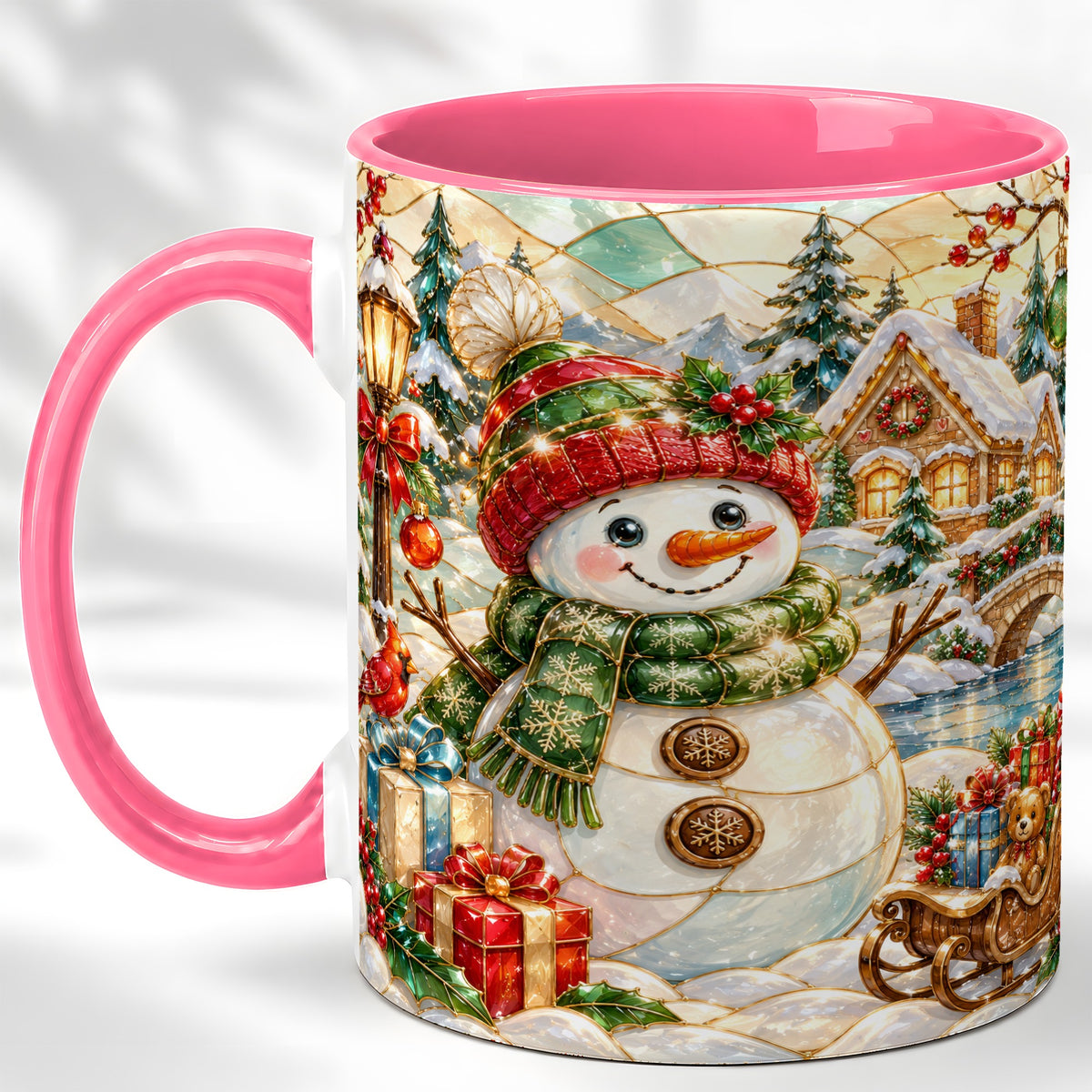 #pl[11oz|Pink] Snowman Village Coffee Mug, Winter Snowman Mug, Ceramic Cup