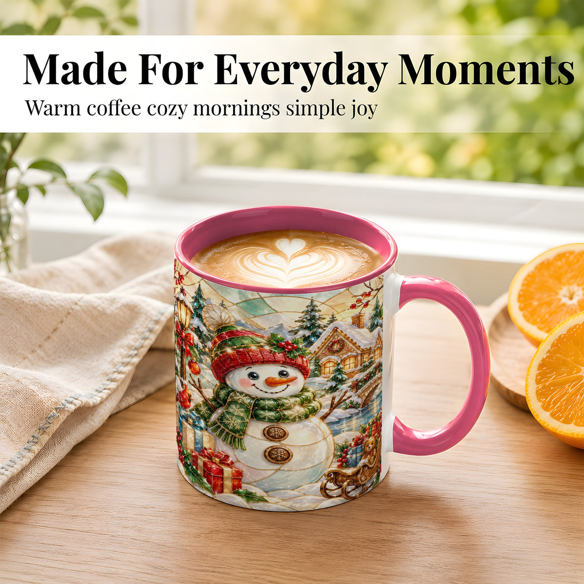 #pl[11oz|Pink] Snowman Village Coffee Mug, Winter Snowman Mug, Ceramic Cup