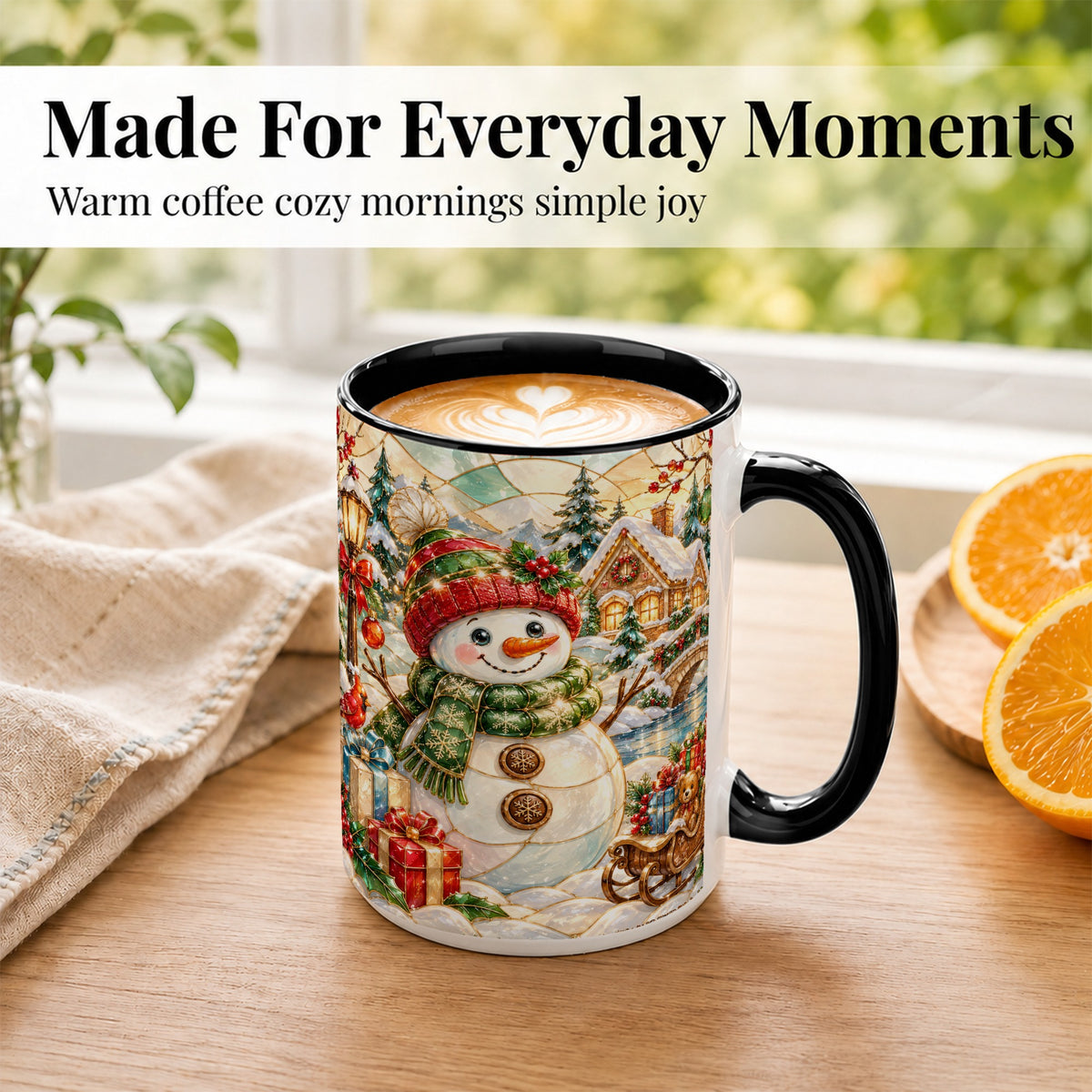 #pl[15oz|Black] Snowman Village Coffee Mug, Winter Snowman Mug, Ceramic Cup