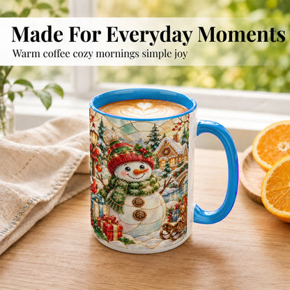 #pl[15oz|Blue] Snowman Village Coffee Mug, Winter Snowman Mug, Ceramic Cup