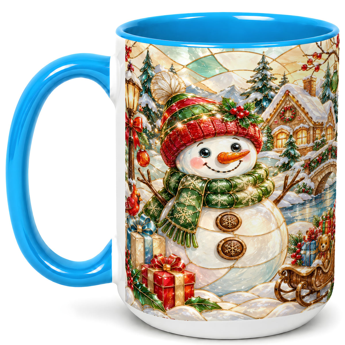 #pl[15oz|Blue] Snowman Village Coffee Mug, Winter Snowman Mug, Ceramic Cup