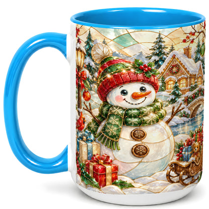 #pl[15oz|Blue] Snowman Village Coffee Mug, Winter Snowman Mug, Ceramic Cup