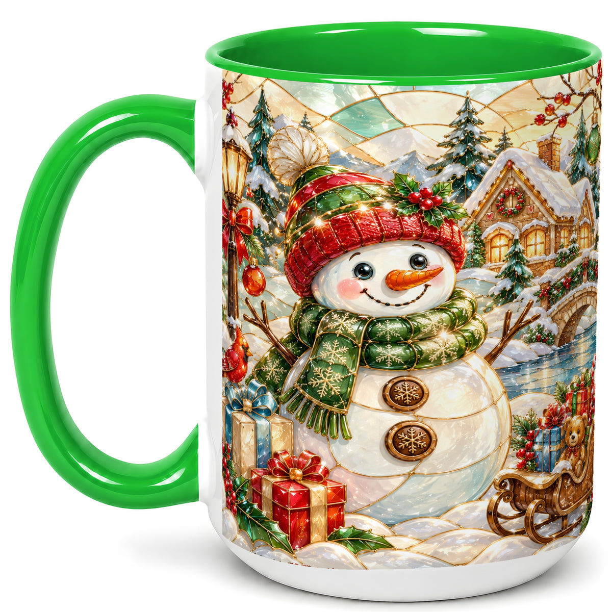 #pl[15oz|Green] Snowman Village Coffee Mug, Winter Snowman Mug, Ceramic Cup
