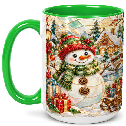 #pl[15oz|Green] Snowman Village Coffee Mug, Winter Snowman Mug, Ceramic Cup