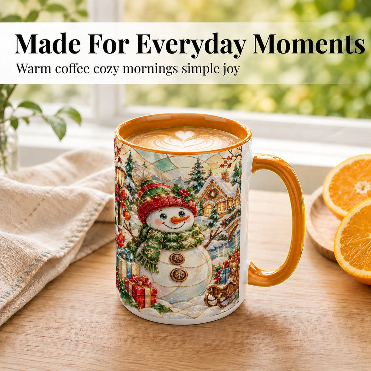 #pl[15oz|Orange] Snowman Village Coffee Mug, Winter Snowman Mug, Ceramic Cup