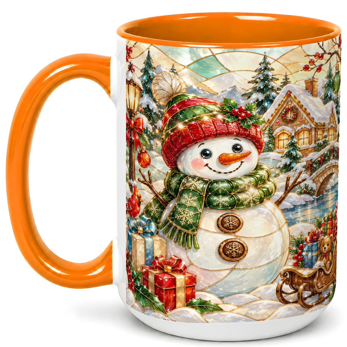 #pl[15oz|Orange] Snowman Village Coffee Mug, Winter Snowman Mug, Ceramic Cup
