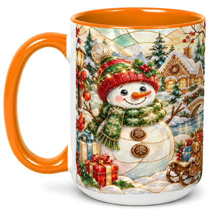 #pl[15oz|Orange] Snowman Village Coffee Mug, Winter Snowman Mug, Ceramic Cup