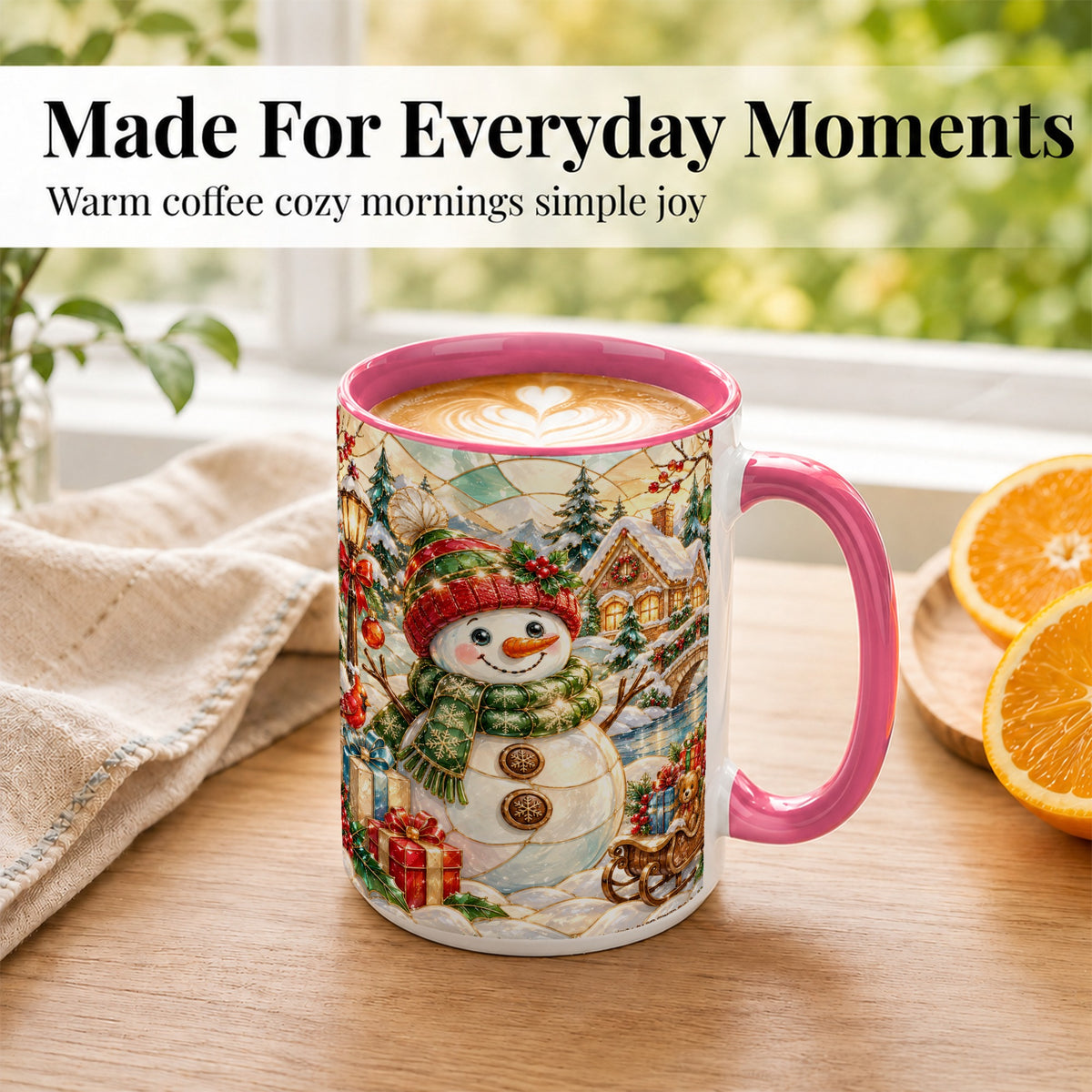 #pl[15oz|Pink] Snowman Village Coffee Mug, Winter Snowman Mug, Ceramic Cup