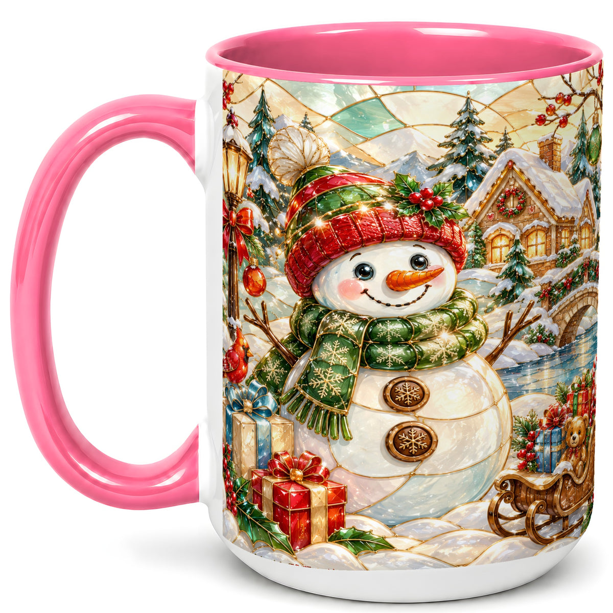 #pl[15oz|Pink] Snowman Village Coffee Mug, Winter Snowman Mug, Ceramic Cup