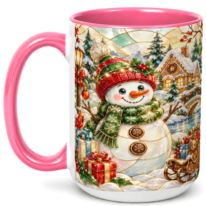 #pl[15oz|Pink] Snowman Village Coffee Mug, Winter Snowman Mug, Ceramic Cup