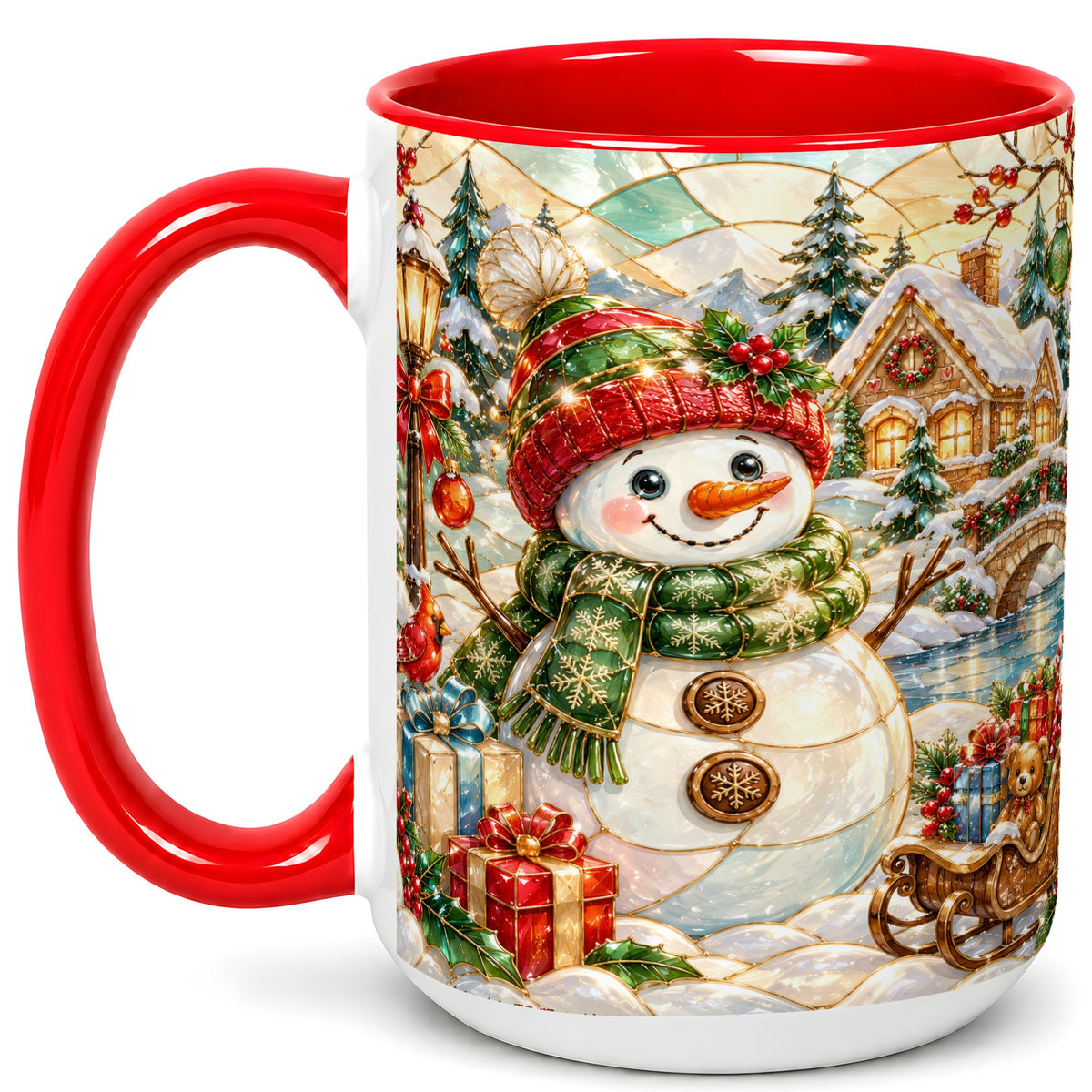 #pl[15oz|Red] Snowman Village Coffee Mug, Winter Snowman Mug, Ceramic Cup