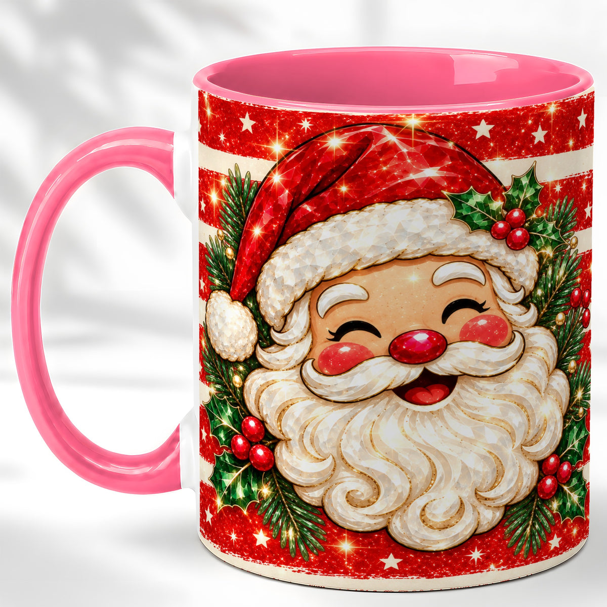 #pl[11oz|Pink] Smiling Santa Coffee Mug, Christmas Santa Mug, Ceramic Cup