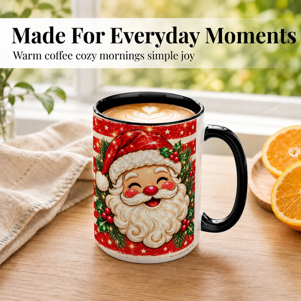 #pl[15oz|Black] Smiling Santa Coffee Mug, Christmas Santa Mug, Ceramic Cup