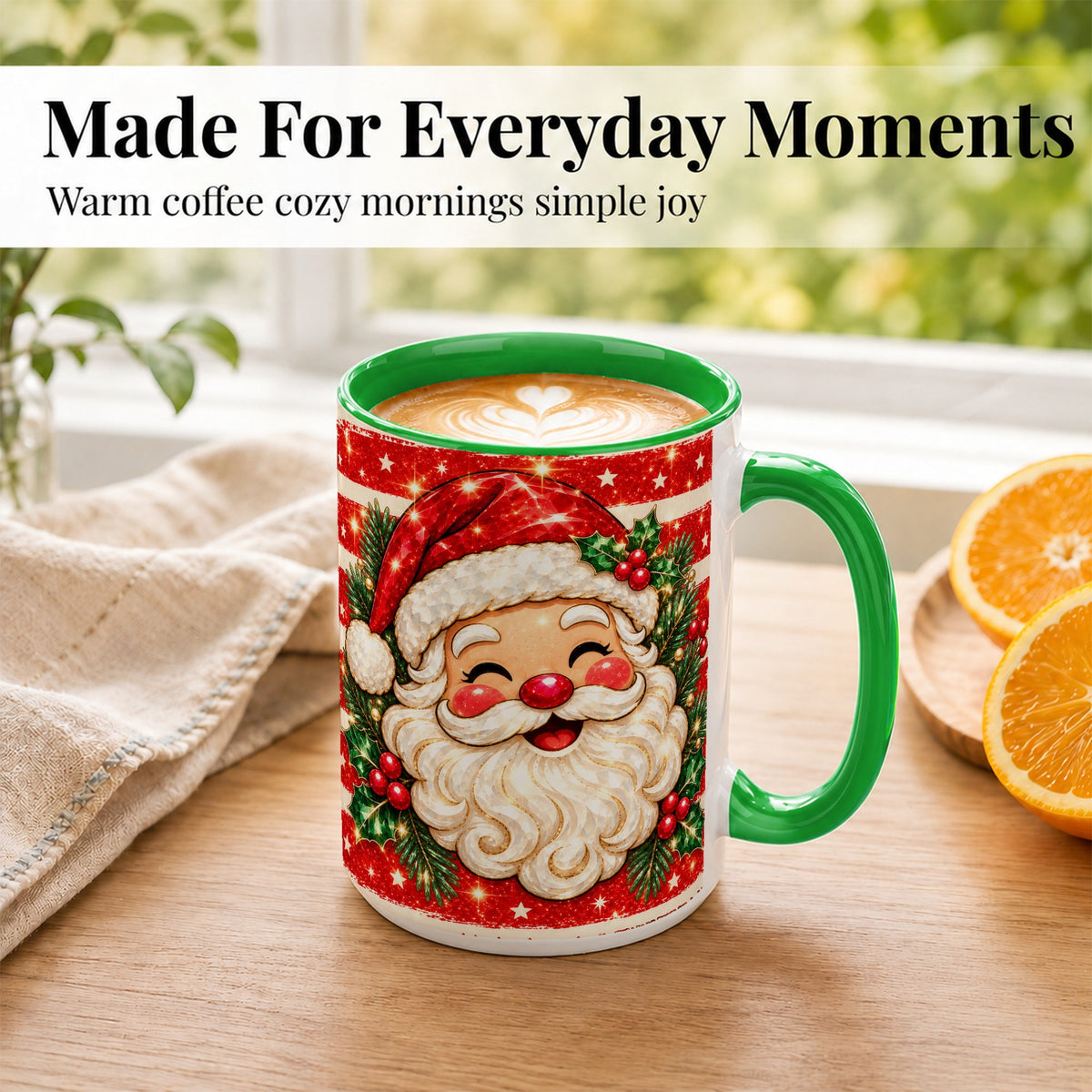 #pl[15oz|Green] Smiling Santa Coffee Mug, Christmas Santa Mug, Ceramic Cup