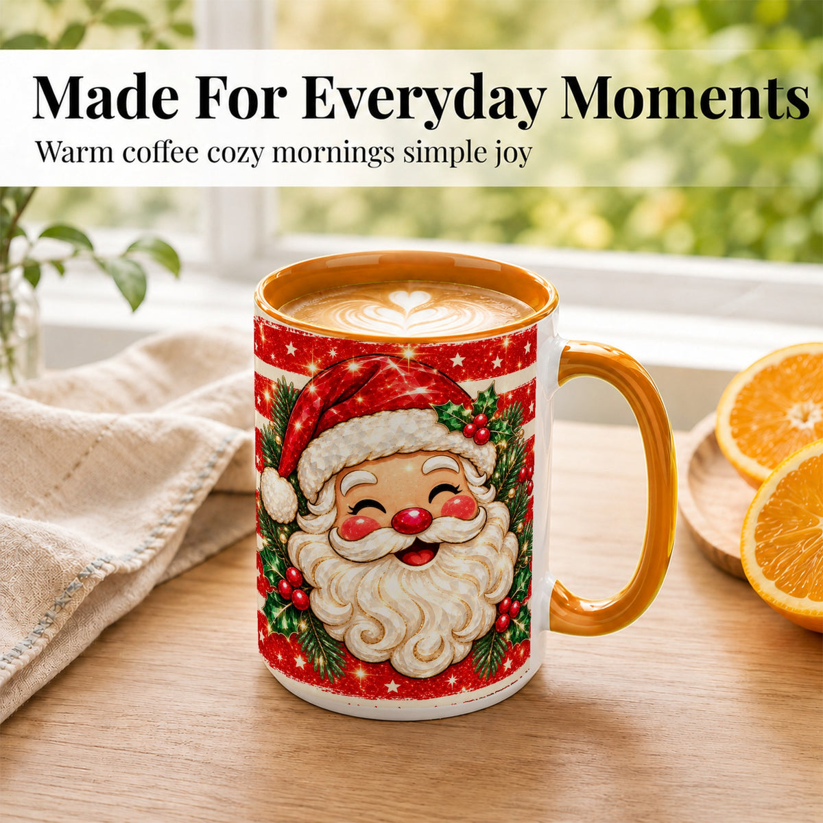 #pl[15oz|Orange] Smiling Santa Coffee Mug, Christmas Santa Mug, Ceramic Cup