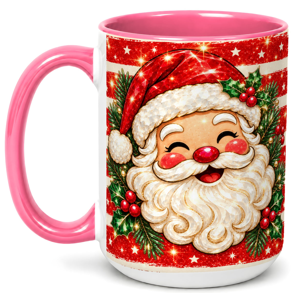 #pl[15oz|Pink] Smiling Santa Coffee Mug, Christmas Santa Mug, Ceramic Cup