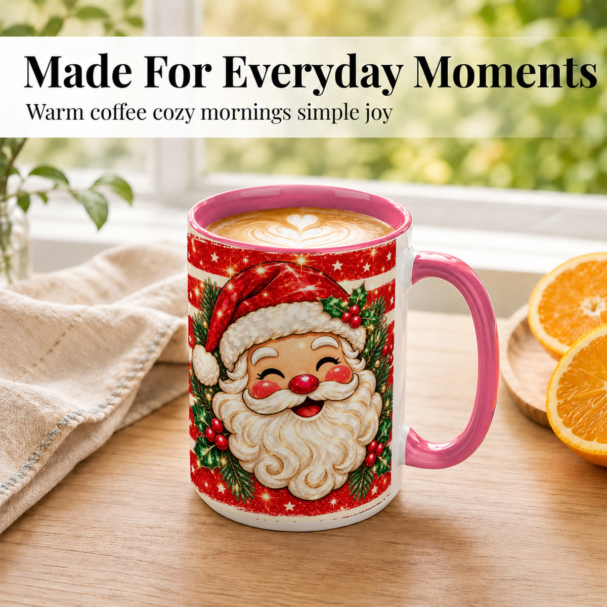 #pl[15oz|Pink] Smiling Santa Coffee Mug, Christmas Santa Mug, Ceramic Cup