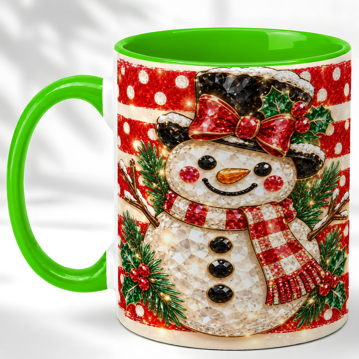 #pl[11oz|Green] Top Hat Snowman Coffee Mug, Plaid Snowman Mug, Ceramic Cup