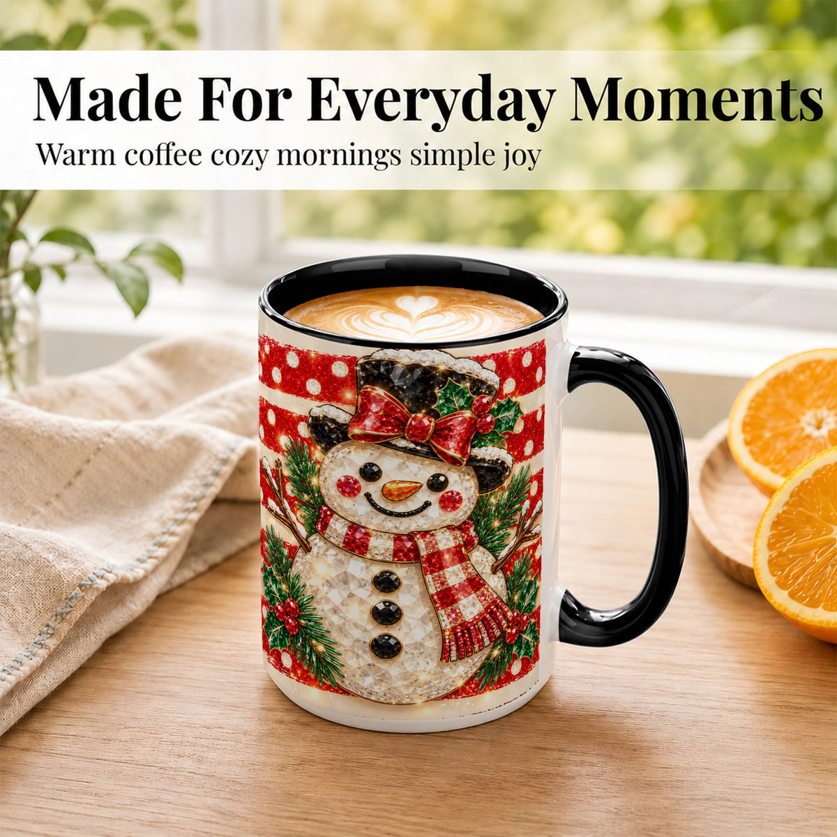 #pl[15oz|Black] Top Hat Snowman Coffee Mug, Plaid Snowman Mug, Ceramic Cup