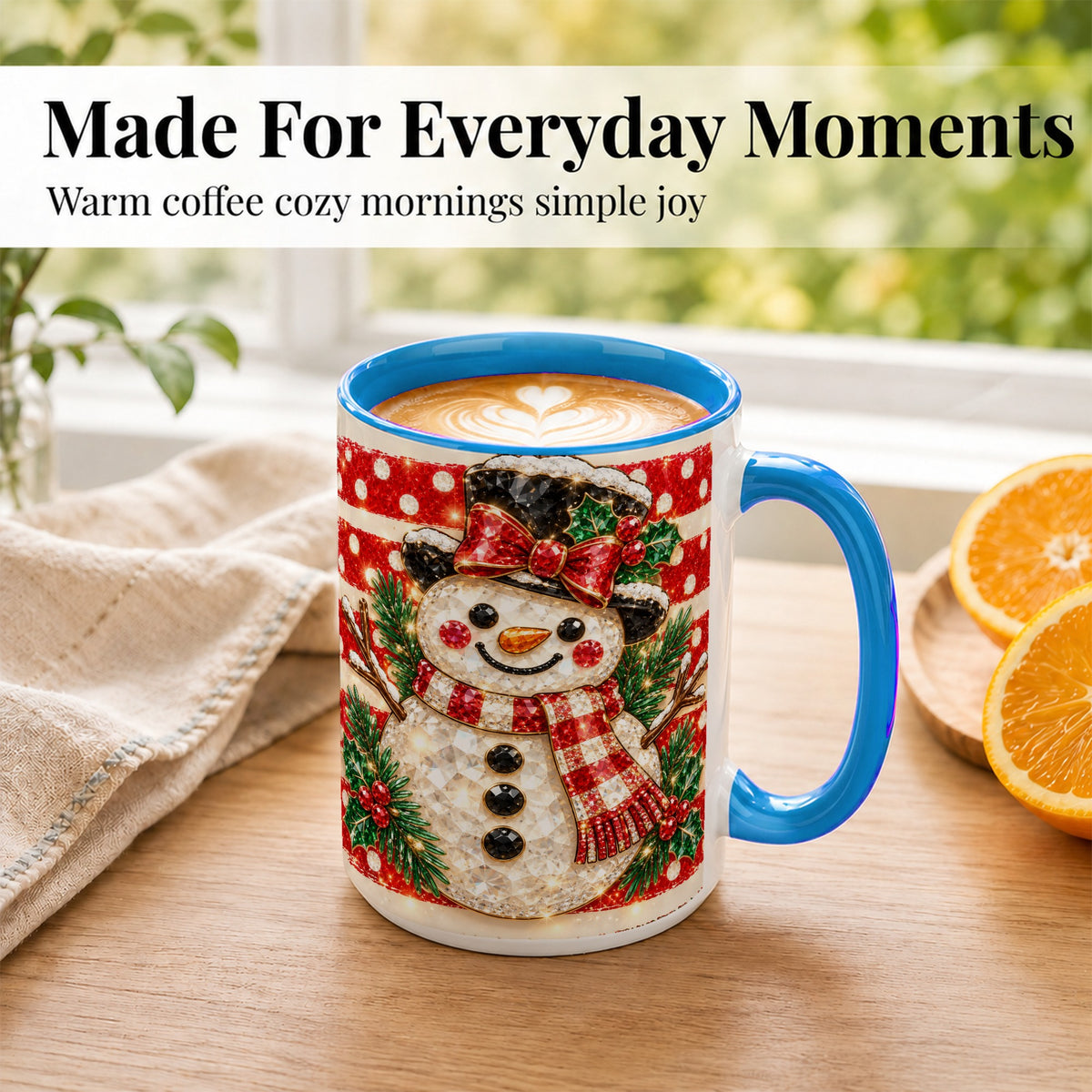 #pl[15oz|Blue] Top Hat Snowman Coffee Mug, Plaid Snowman Mug, Ceramic Cup